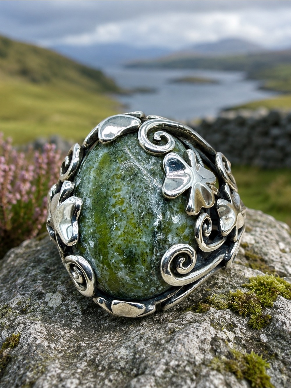 Irish 925 Sterling Silver Connemara Marble Celtic Shamrock Ring Sz 8 12g Vintage